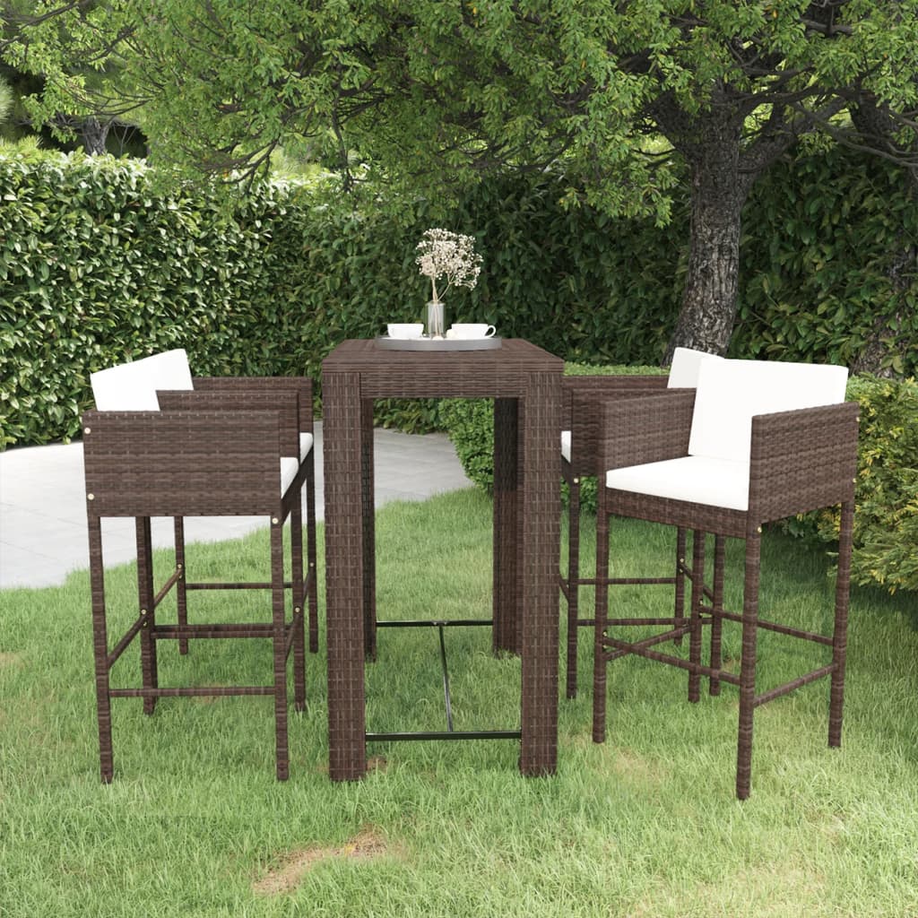 5 Piece Garden Bar Set with Cushions Poly Rattan Brown - All Things Good