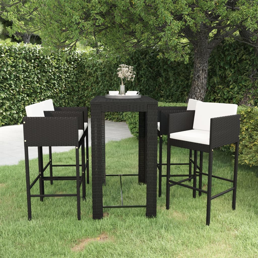 5 Piece Garden Bar Set with Cushions Poly Rattan Black - Discount Dealers