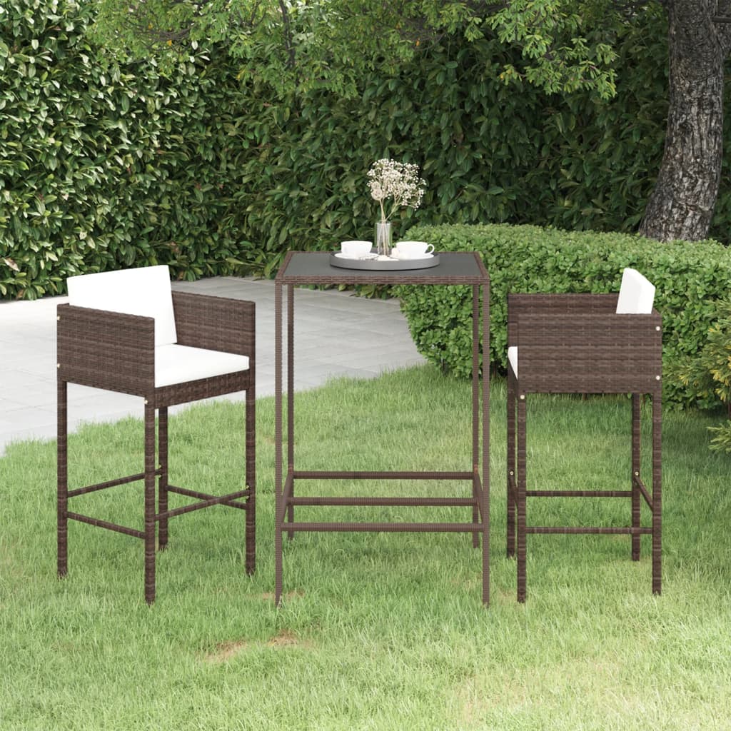 3 Piece Garden Bar Set with Cushions Poly Rattan Brown - Direct Imports