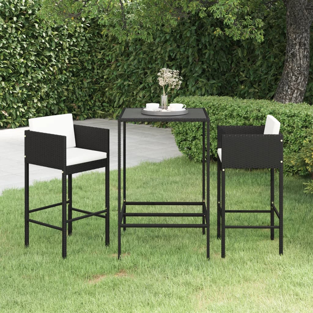 3 Piece Garden Bar Set with Cushions Poly Rattan Black - Direct Imports