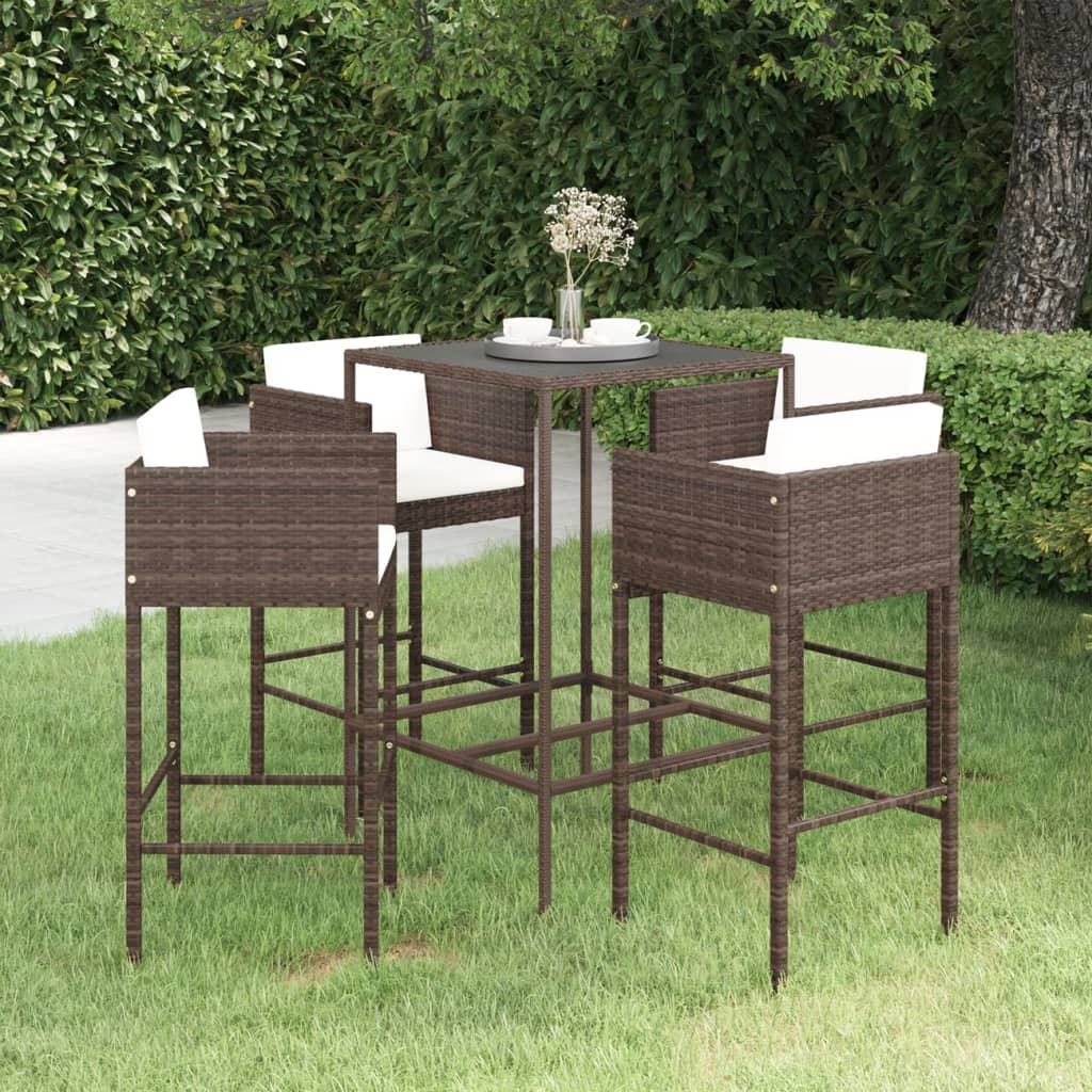 5 Piece Garden Bar Set with Cushions Poly Rattan Brown - Sid & Sam