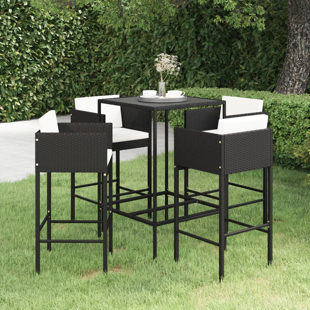 5 Piece Garden Bar Set with Cushions Poly Rattan Black - Discount Dealers