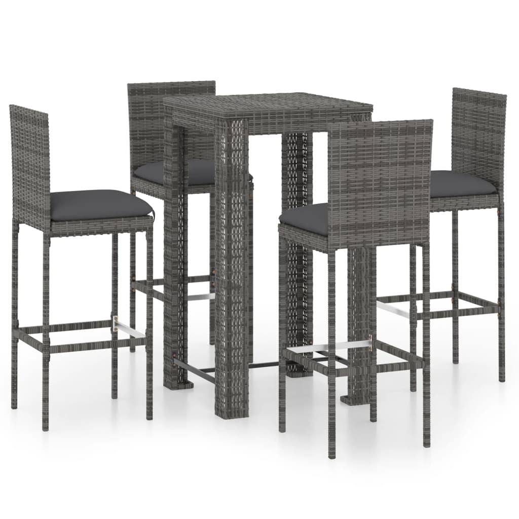 5 Piece Garden Bar Set with Cushions Poly Rattan Grey - Tyrell & Tyrell