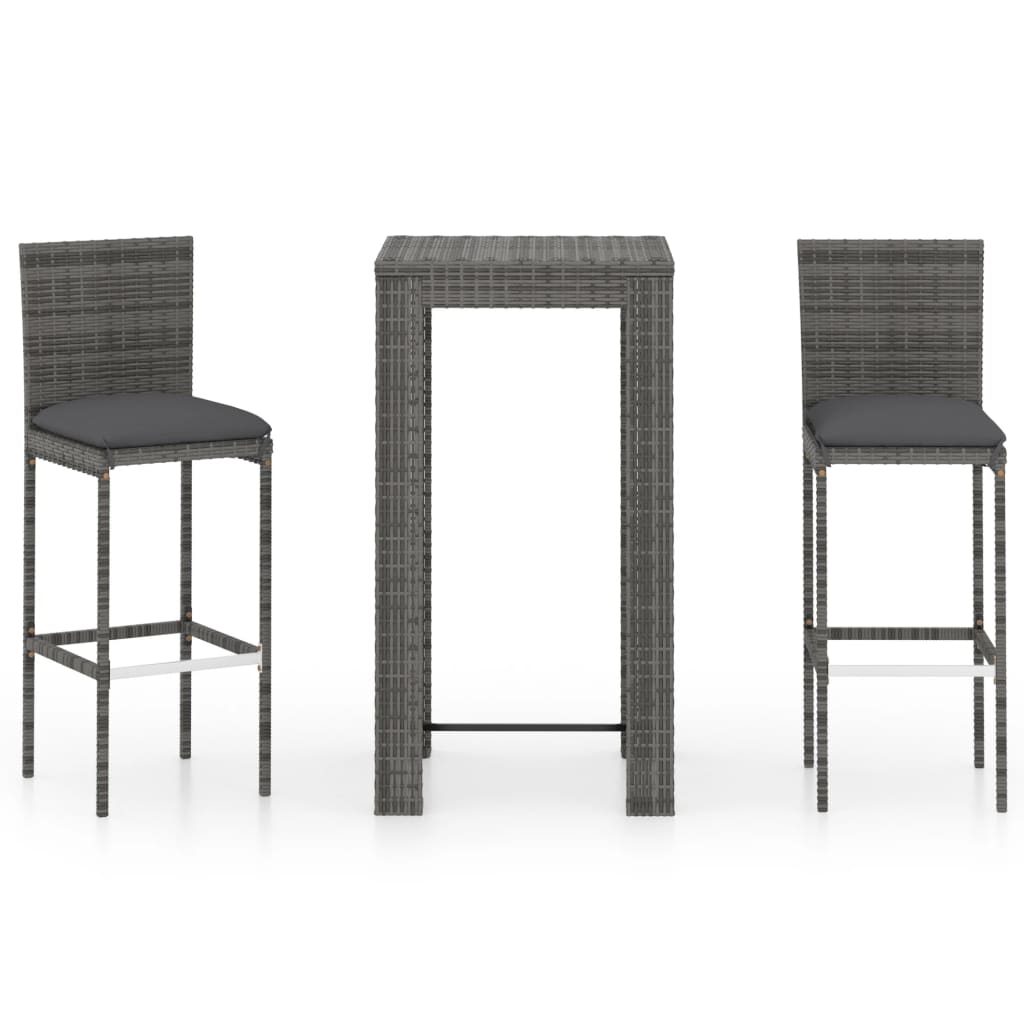 3 Piece Garden Bar Set with Cushions Poly Rattan Grey - Merlin Deals
