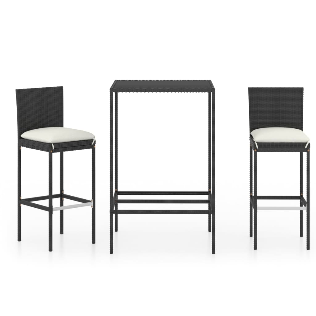 3 Piece Garden Bar Set with Cushions Poly Rattan Black - The Home Maker