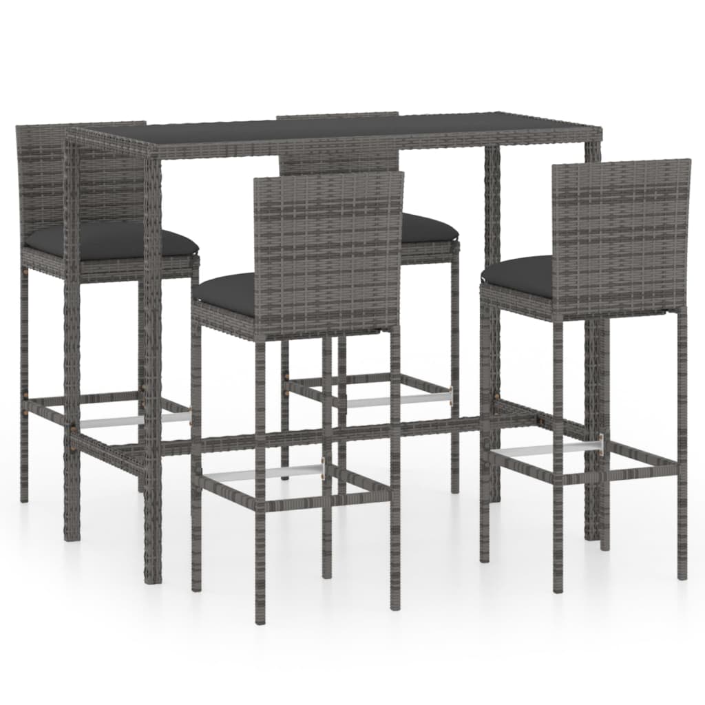 5 Piece Garden Bar Set with Cushions Poly Rattan Grey - Brittle & Co