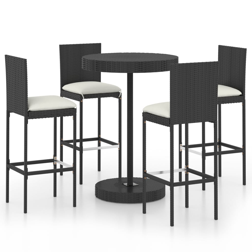 5 Piece Garden Bar Set with Cushions Poly Rattan Black - The Home Maker