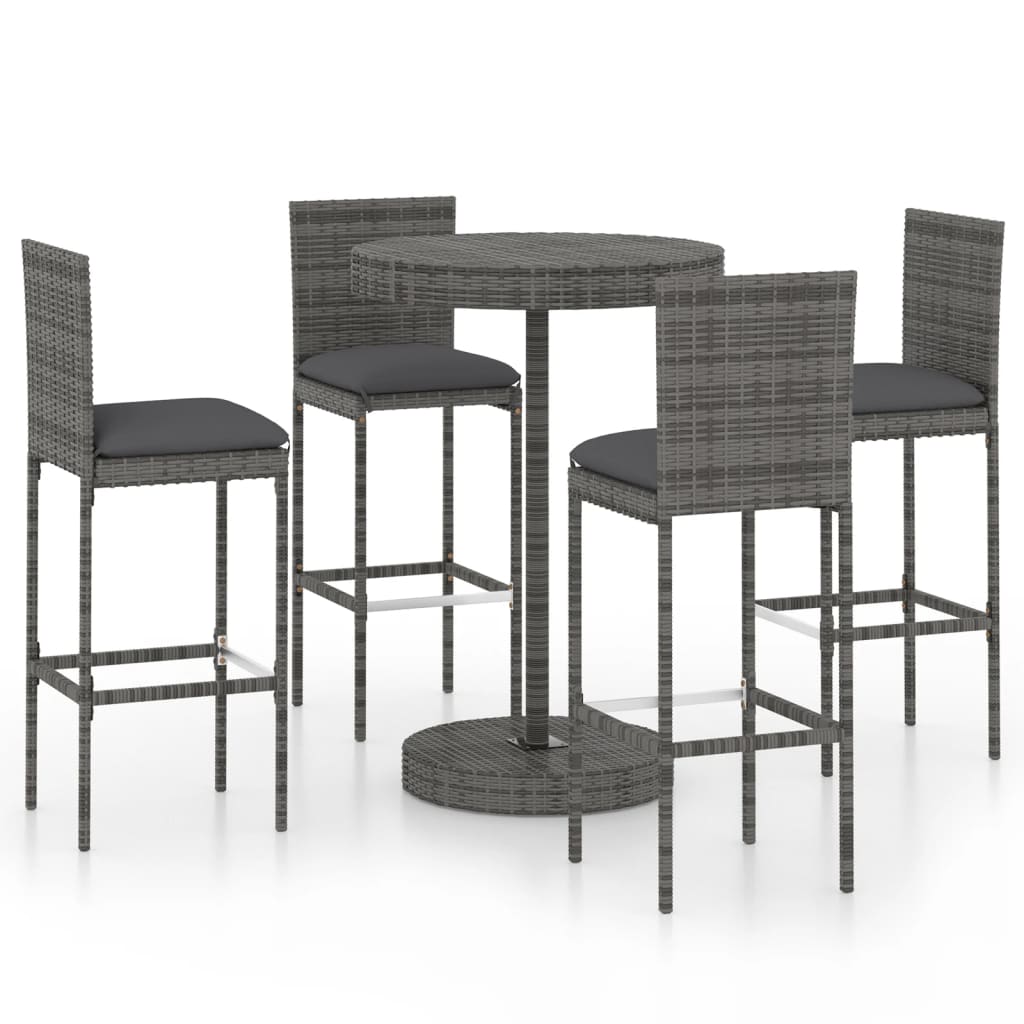 5 Piece Garden Bar Set with Cushions Poly Rattan Grey - Direct Imports