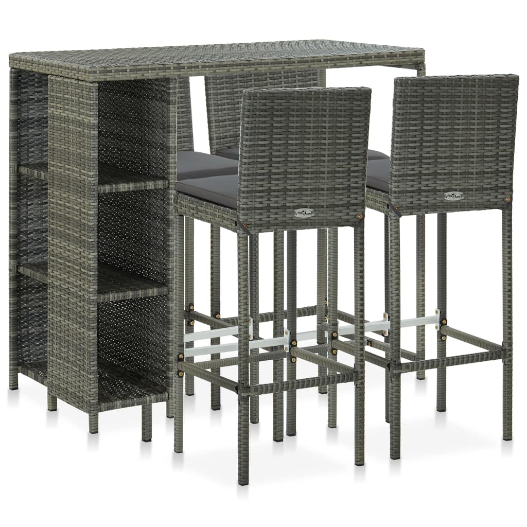 5 Piece Garden Bar Set with Cushions Poly Rattan Grey - The Home Maker