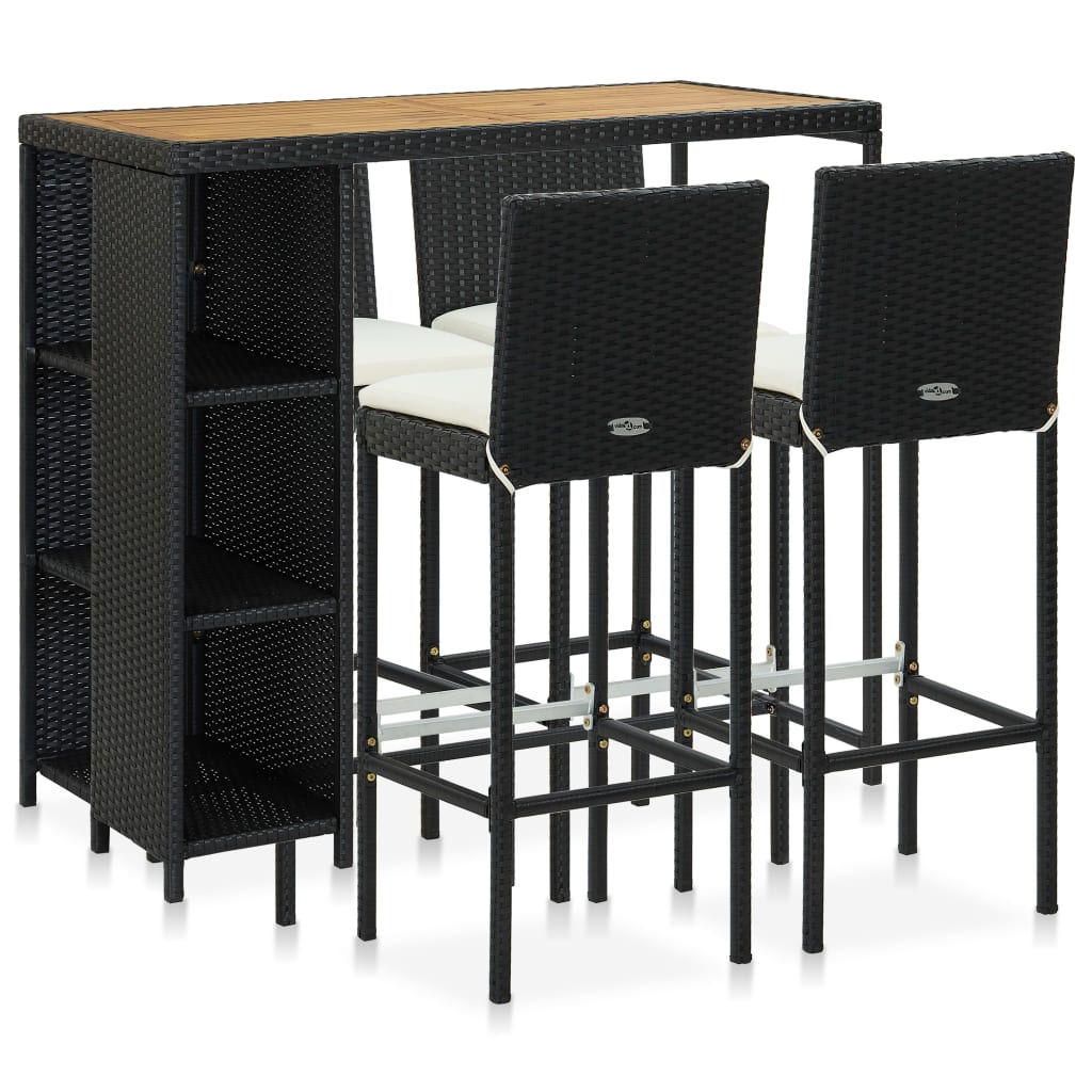 5 Piece Garden Bar Set with Cushions Poly Rattan Black - Merlin Deals