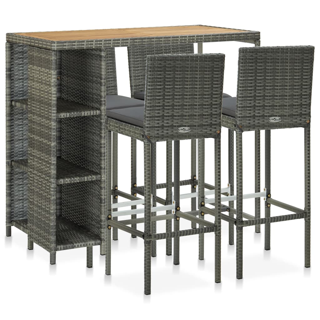 5 Piece Garden Bar Set with Cushions Poly Rattan Grey - Direct Imports