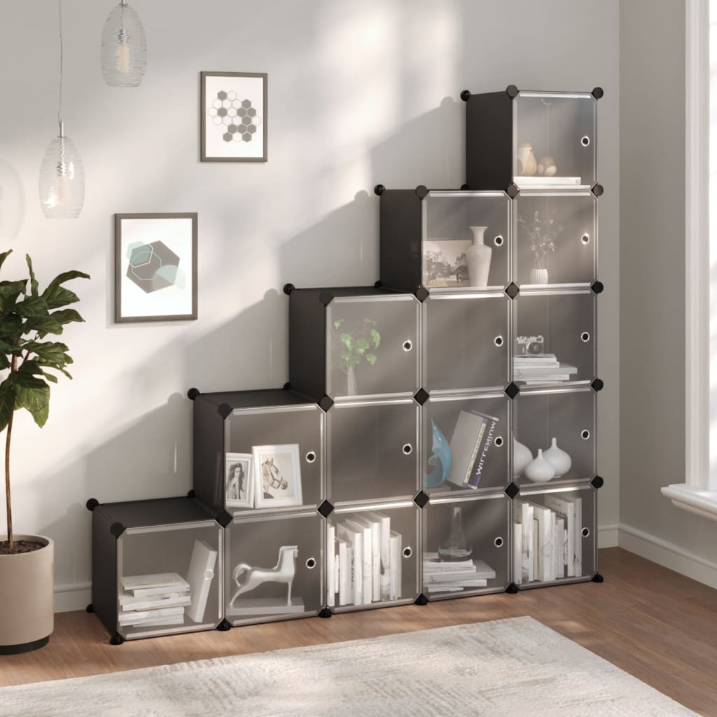 Storage Cube Organiser with 15 Cubes and Doors Black PP - Design Hut