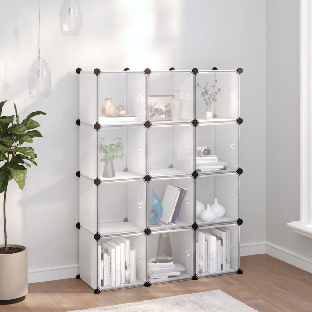 Storage Cube Organiser with 12 Cubes and Doors Transparent PP - R and M Furniture