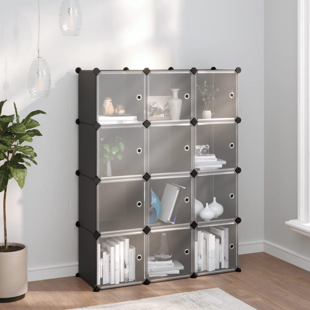 Storage Cube Organiser with 12 Cubes and Doors Black PP - Discount Dealers
