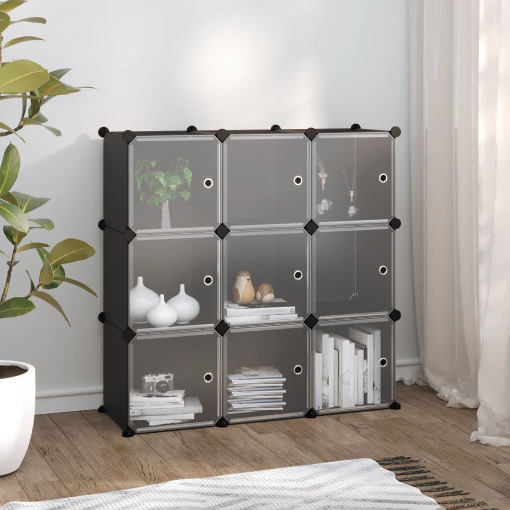 Storage Cube Organiser with 9 Cubes and Doors Black PP - Tyrell & Tyrell