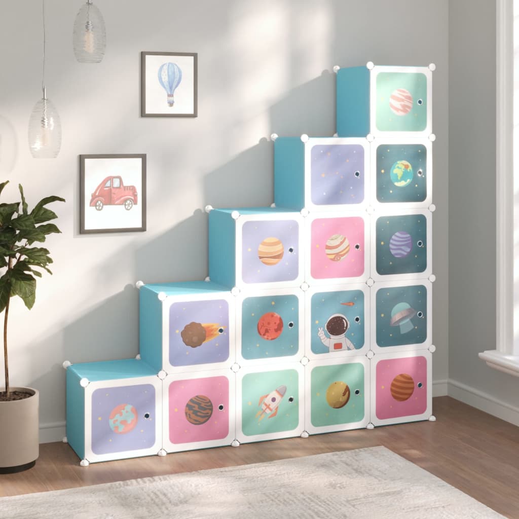 Cube Storage Cabinet for Kids with 15 Cubes Blue PP - Millennium Furniture