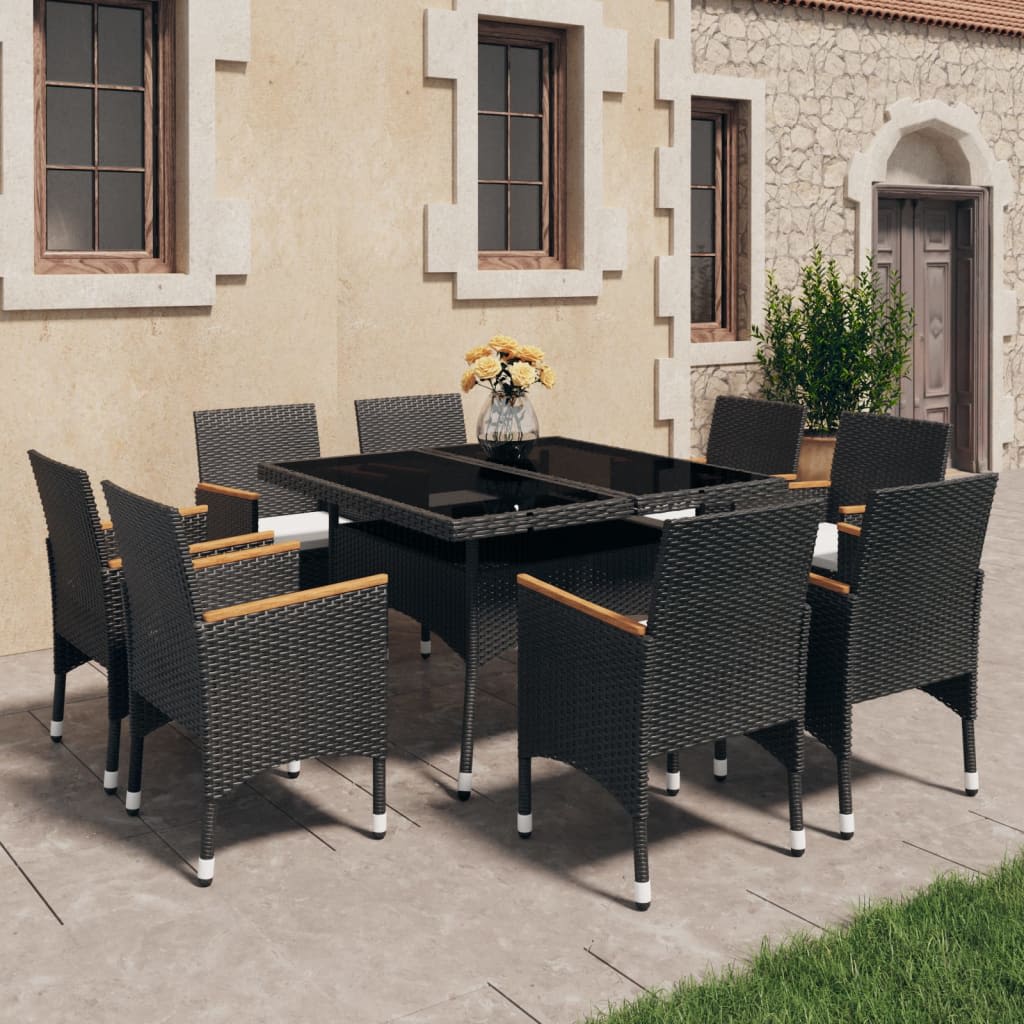 9 Piece Garden Dining Set Poly Rattan and Tempered Glass Black - Style and Chic