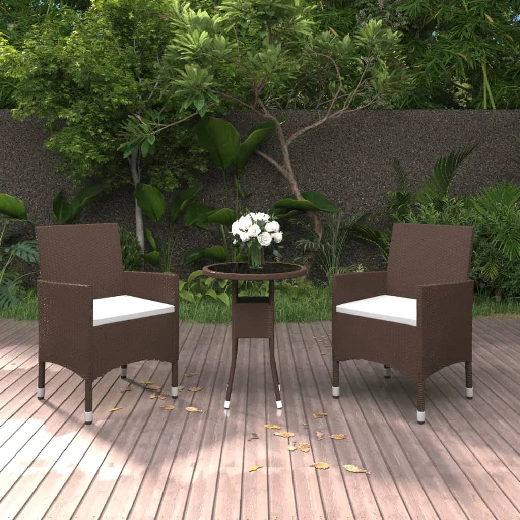 3 Piece Garden Bistro Set Poly Rattan and Tempered Glass Brown - The Home Maker