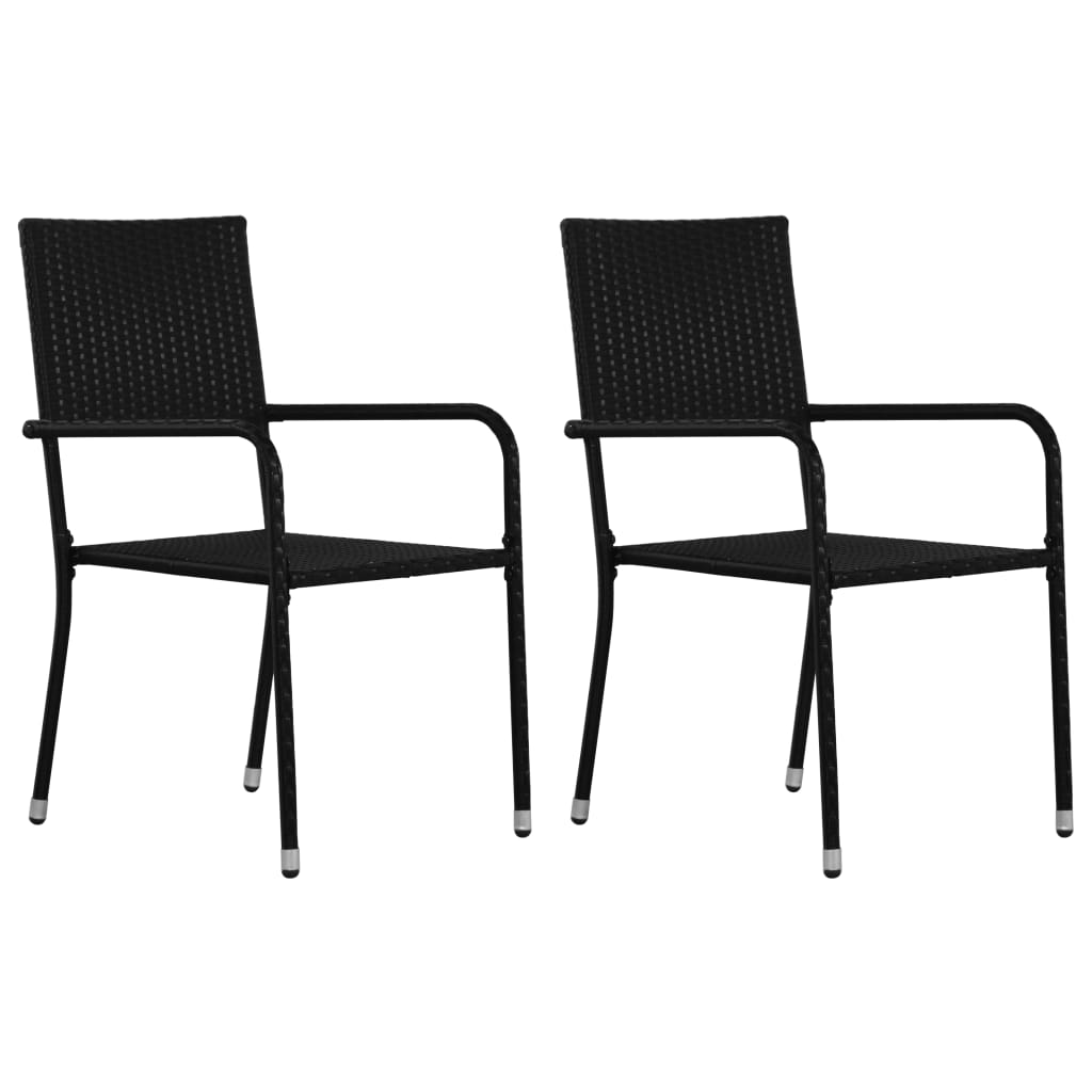 Garden Dining Chairs 2 pcs Stackable Black Poly Rattan - vid-318698 - Brittle & Co