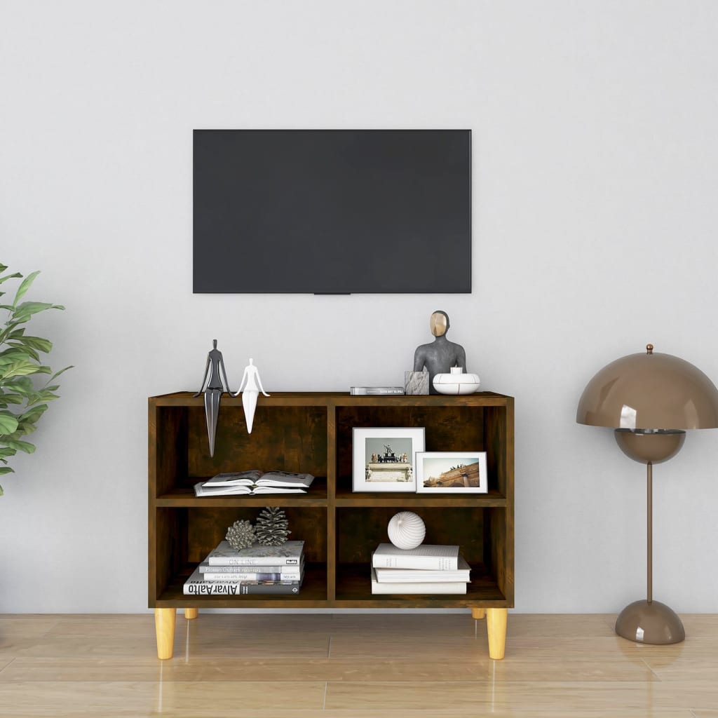 TV Cabinet with Solid Wood Legs Smoked Oak 69.5x30x50 cm - Discount Dealers