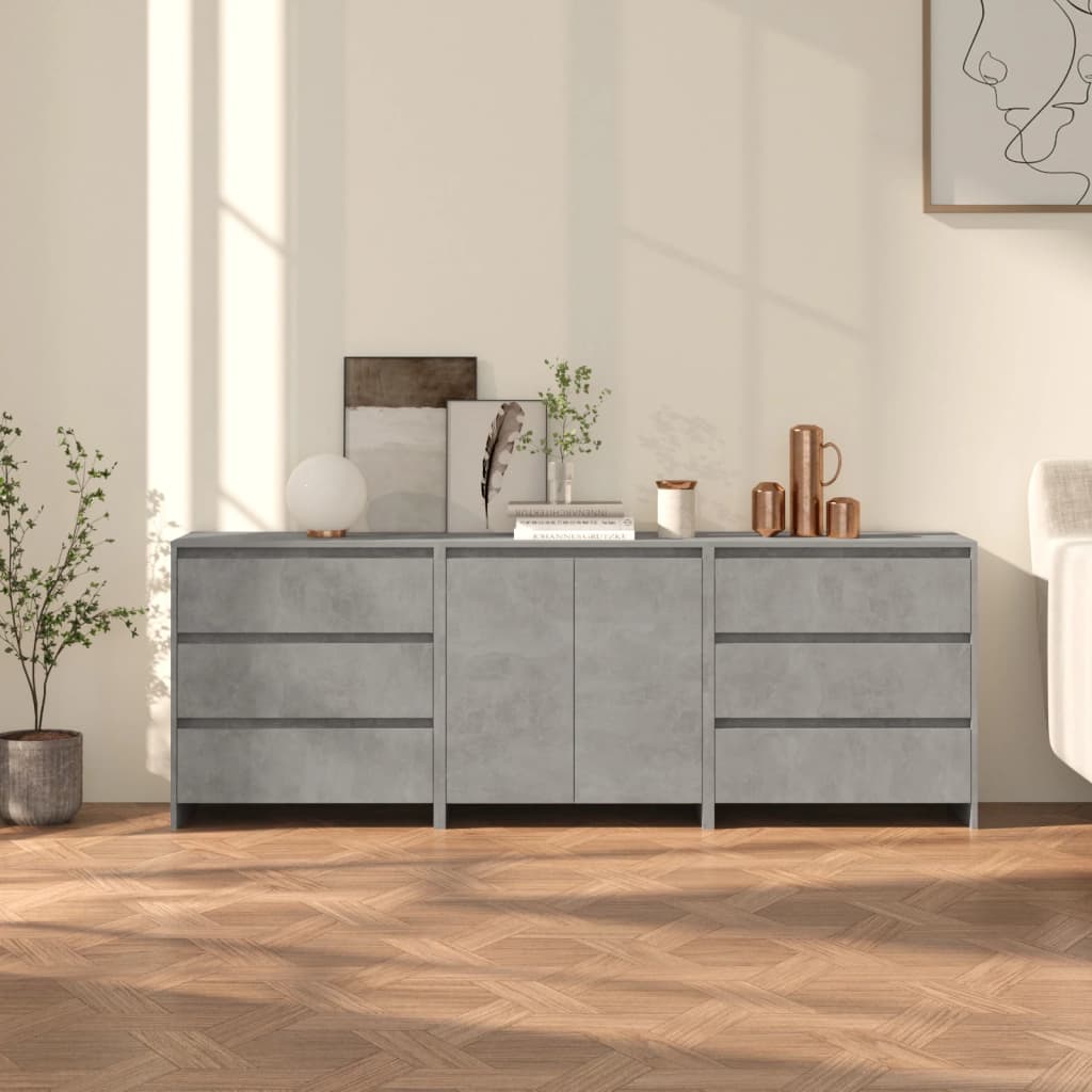 3 Piece Sideboard Concrete Grey Engineered Wood - Merkel Designers