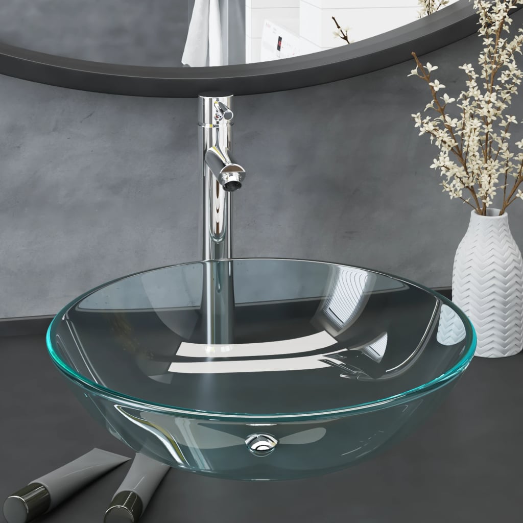 Bathroom Sink with Tap and Push Drain Clear Tempered Glass - All Things Good
