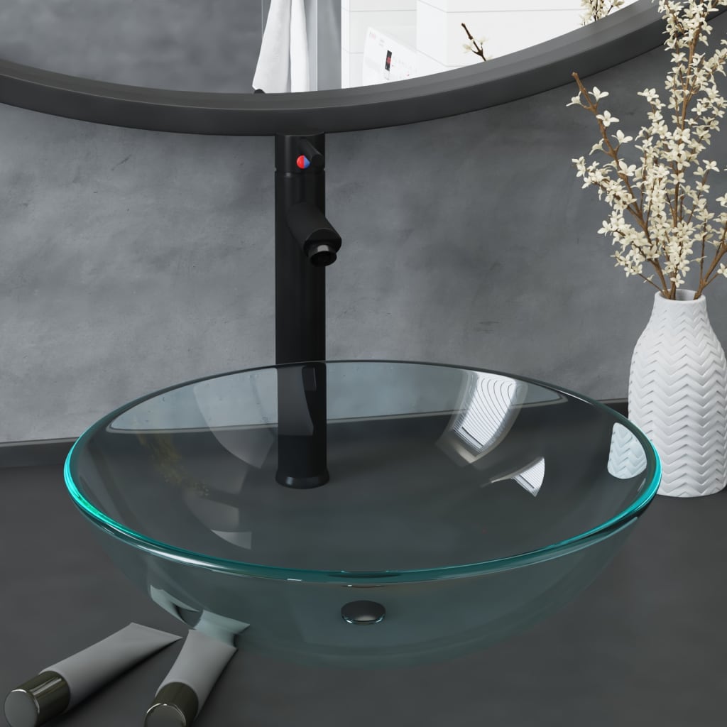 Bathroom Sink with Tap and Push Drain Clear Tempered Glass - Merkel Designers