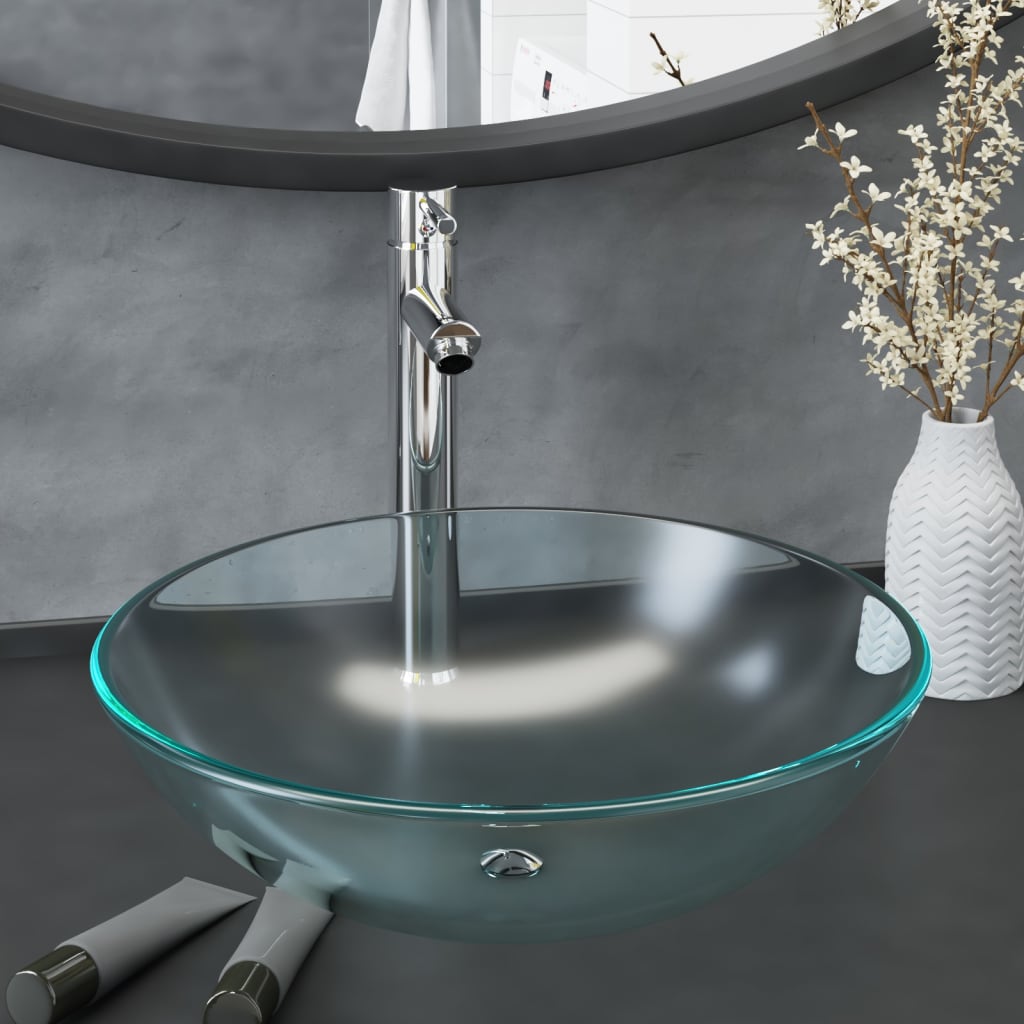Bathroom Sink with Tap and Push Drain Frosted Tempered Glass - Discount Dealers