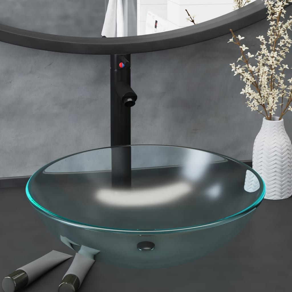 Bathroom Sink with Tap and Push Drain Frosted Tempered Glass - All Things Good