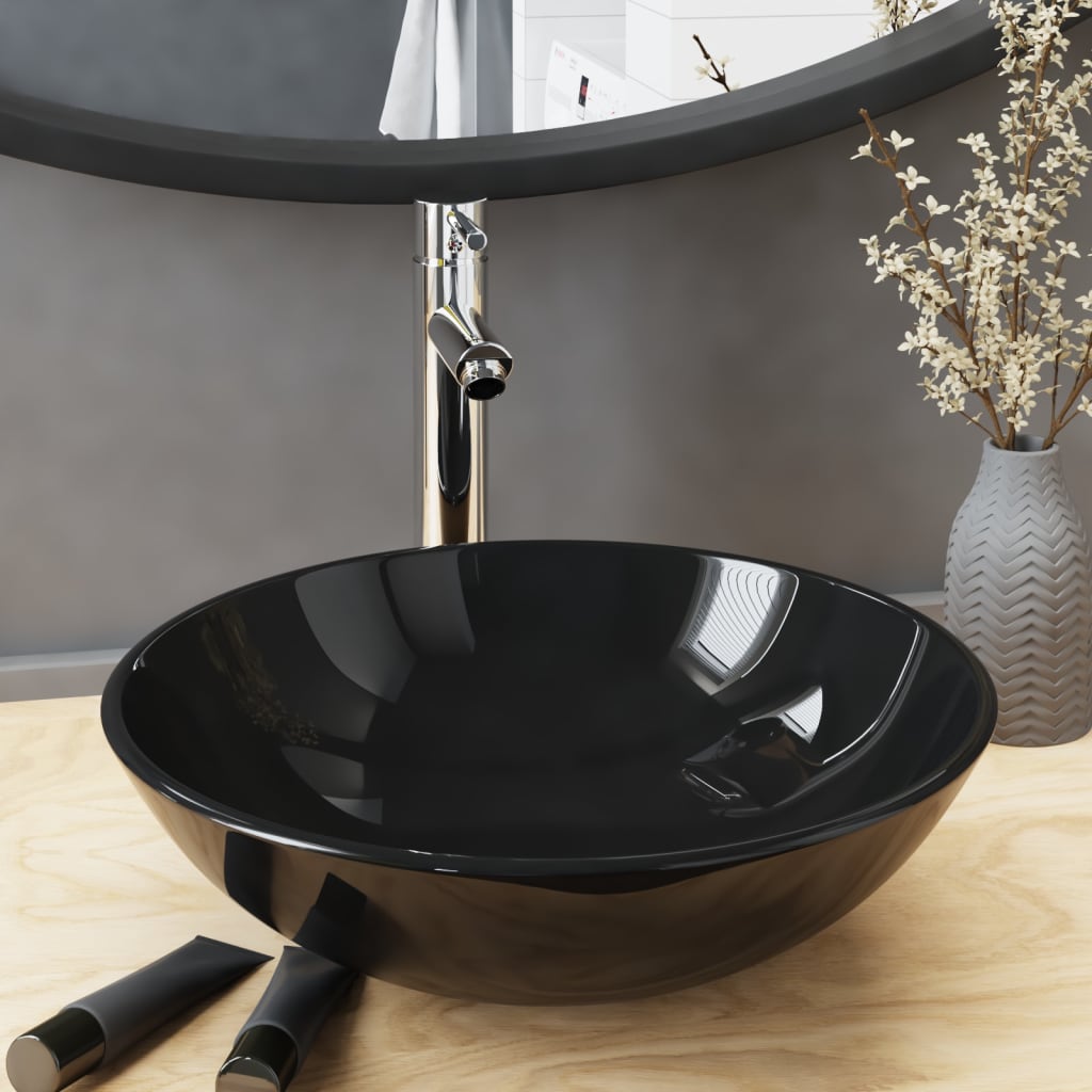 Bathroom Sink with Tap and Push Drain Black Tempered Glass - Merkel Designers