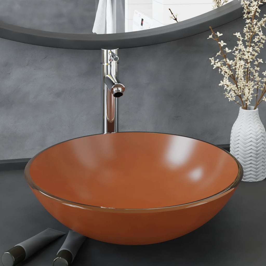 Bathroom Sink with Tap and Push Drain Brown Tempered Glass - Merlin Deals