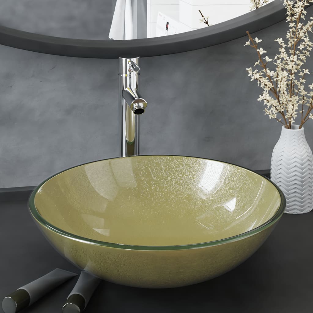 Bathroom Sink with Tap and Push Drain Gold Tempered Glass - Casper Homes