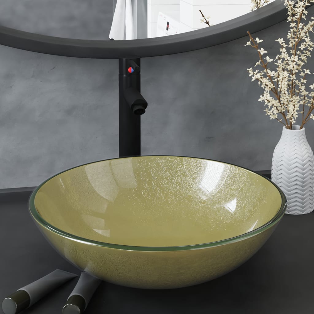 Bathroom Sink with Tap and Push Drain Gold Tempered Glass - Brittle & Co