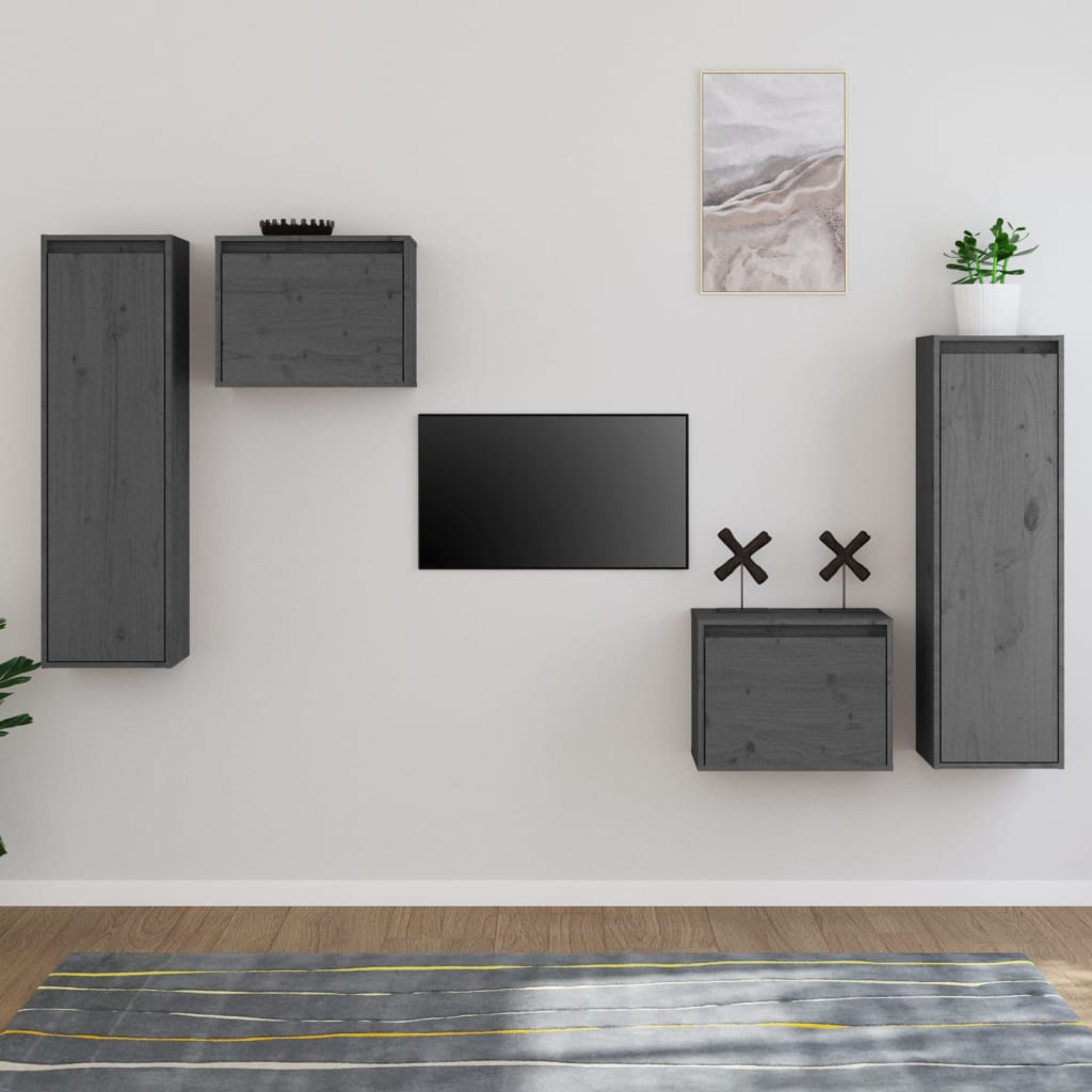 TV Cabinets 4 pcs Grey Solid Wood Pine - The Home Maker