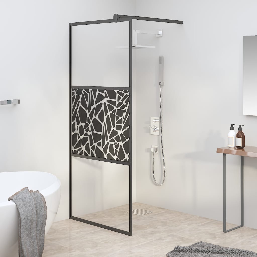 Walk-in Shower Wall 90x195cm ESG Glass with Stone Design Black - Brittle & Co