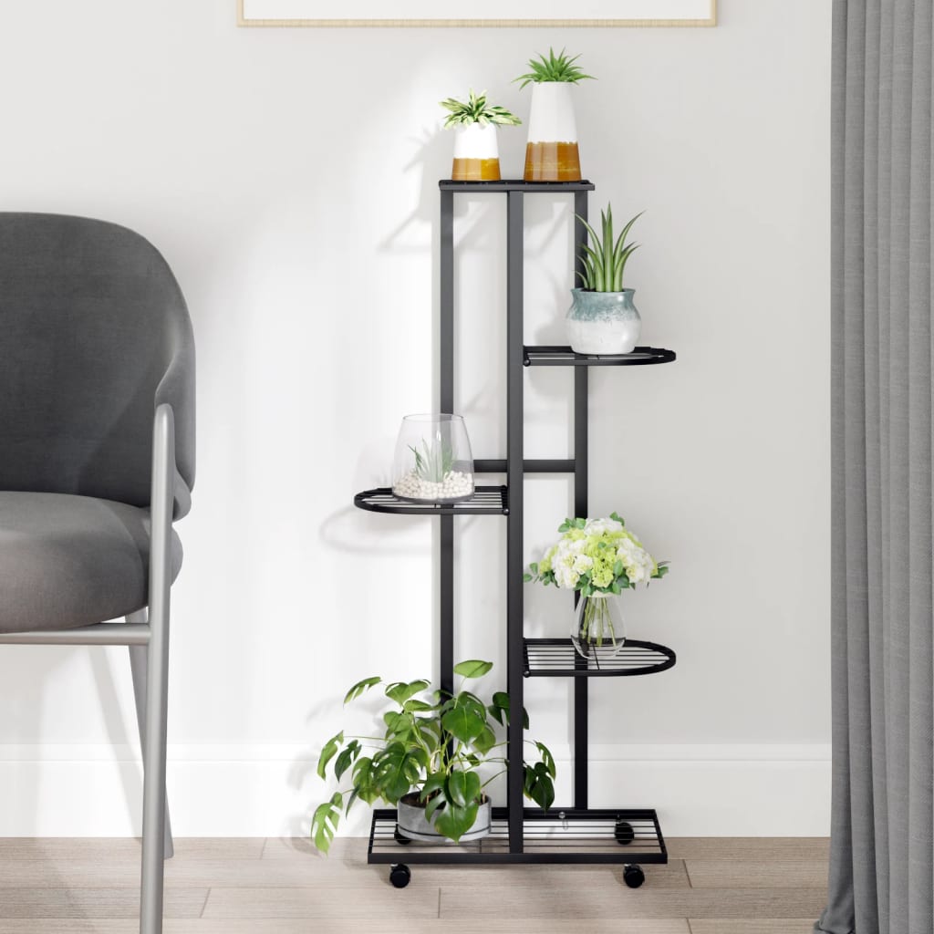 5-Floor Flower Stand with Wheels 44x23x100 cm Black Iron - Design Hut