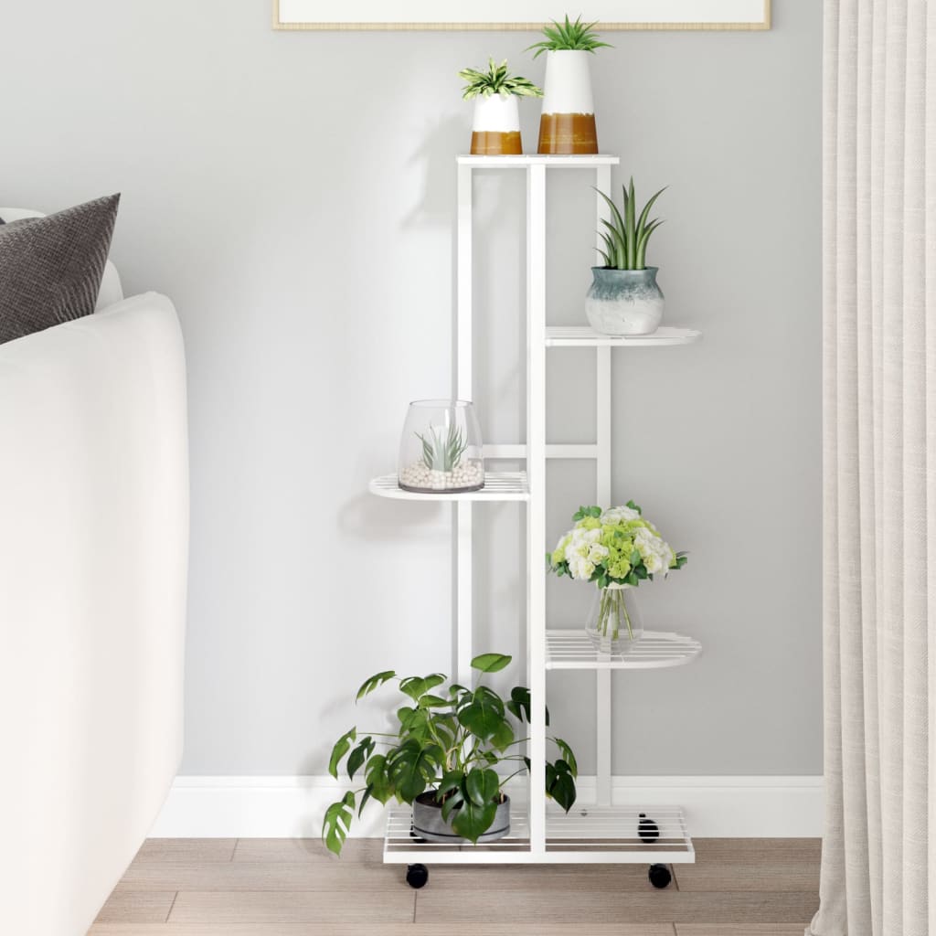 5-Floor Flower Stand with Wheels 44x23x100 cm White Iron - Unbeatable Bargains