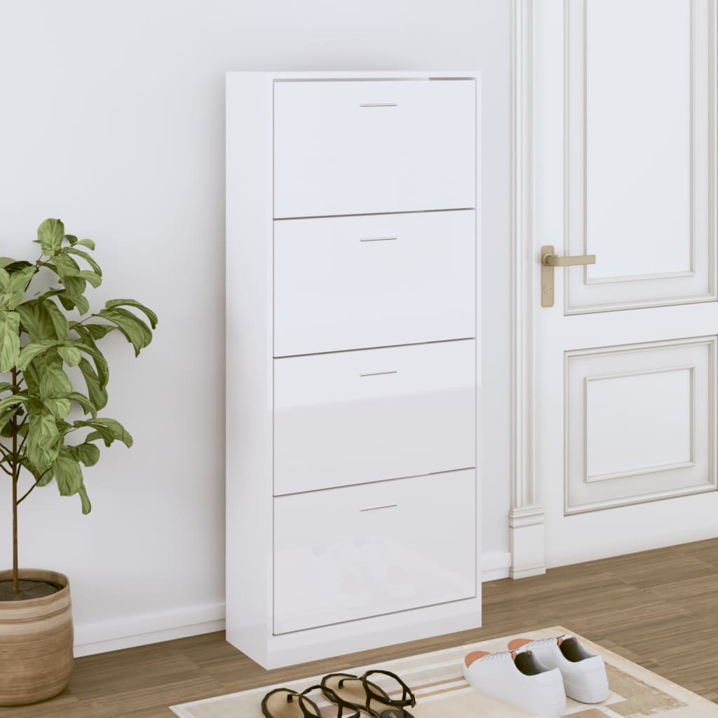 Shoe Cabinet High Gloss White 63x24x147cm Engineered Wood - All Things Good