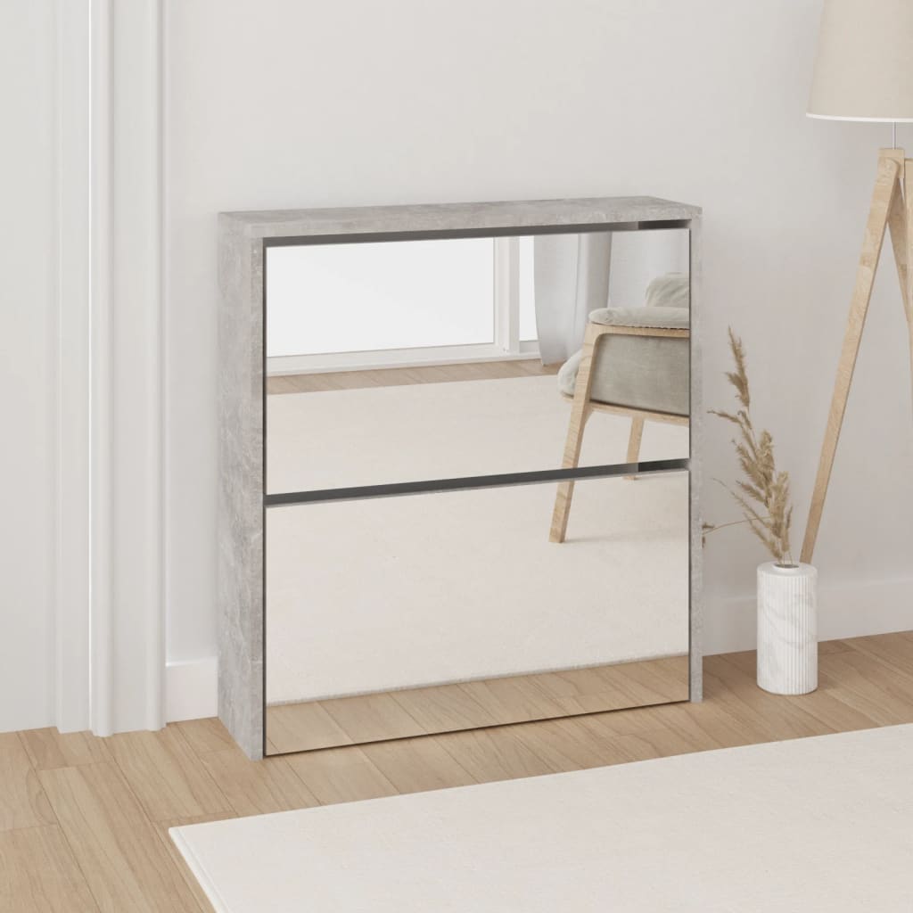 Shoe Cabinet with Mirror 2-Layer Concrete Grey 63x17x67 cm - Unbeatable Bargains