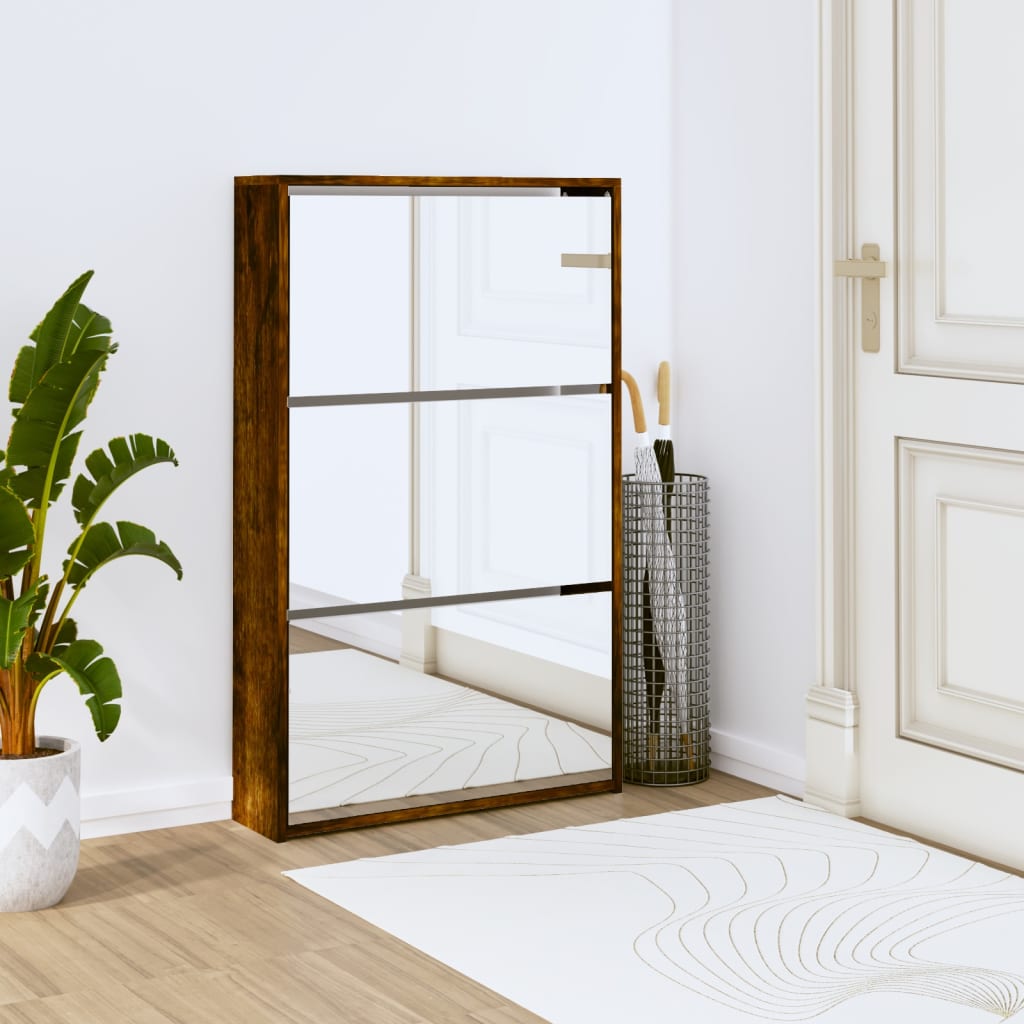 Shoe Cabinet with Mirror 3-Layer Smoked Oak 63x17x102.5 cm - Brittle & Co