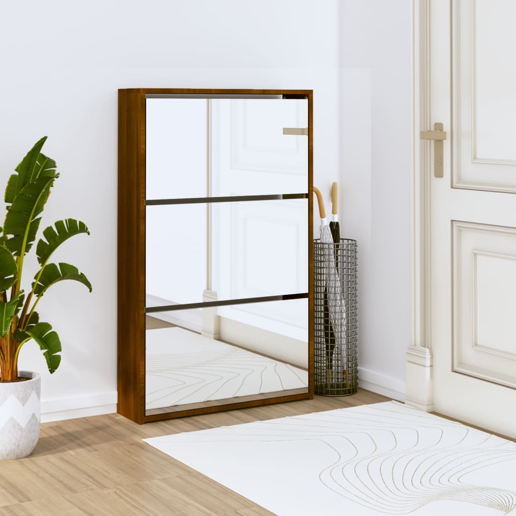Shoe Cabinet with Mirror 3-Layer Brown Oak 63x17x102.5cm - Direct Imports