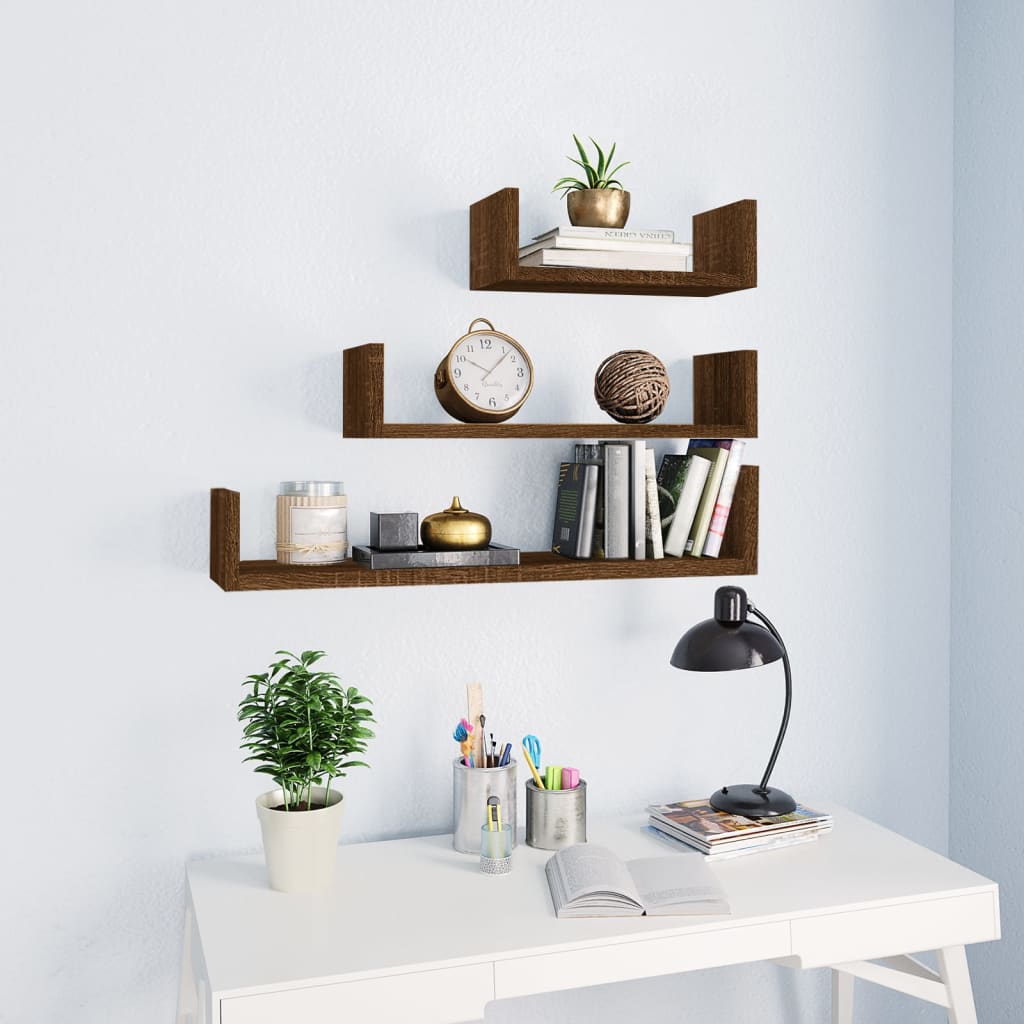 Wall Display Shelves 3 pcs Brown Oak Engineered Wood - Design Hut