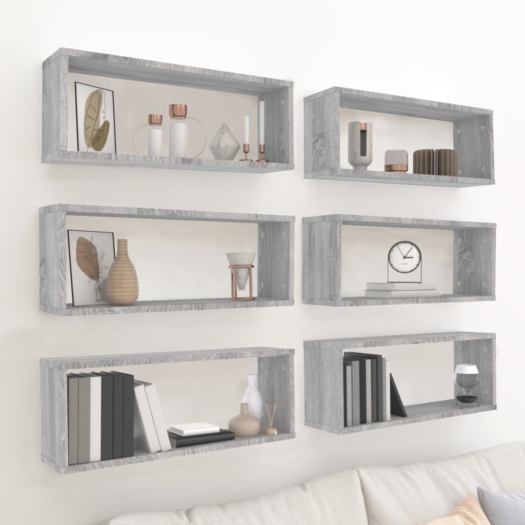 Wall Cube Shelves 6 pcs Grey Sonoma 60x15x23 cm Engineered Wood - Decor Base