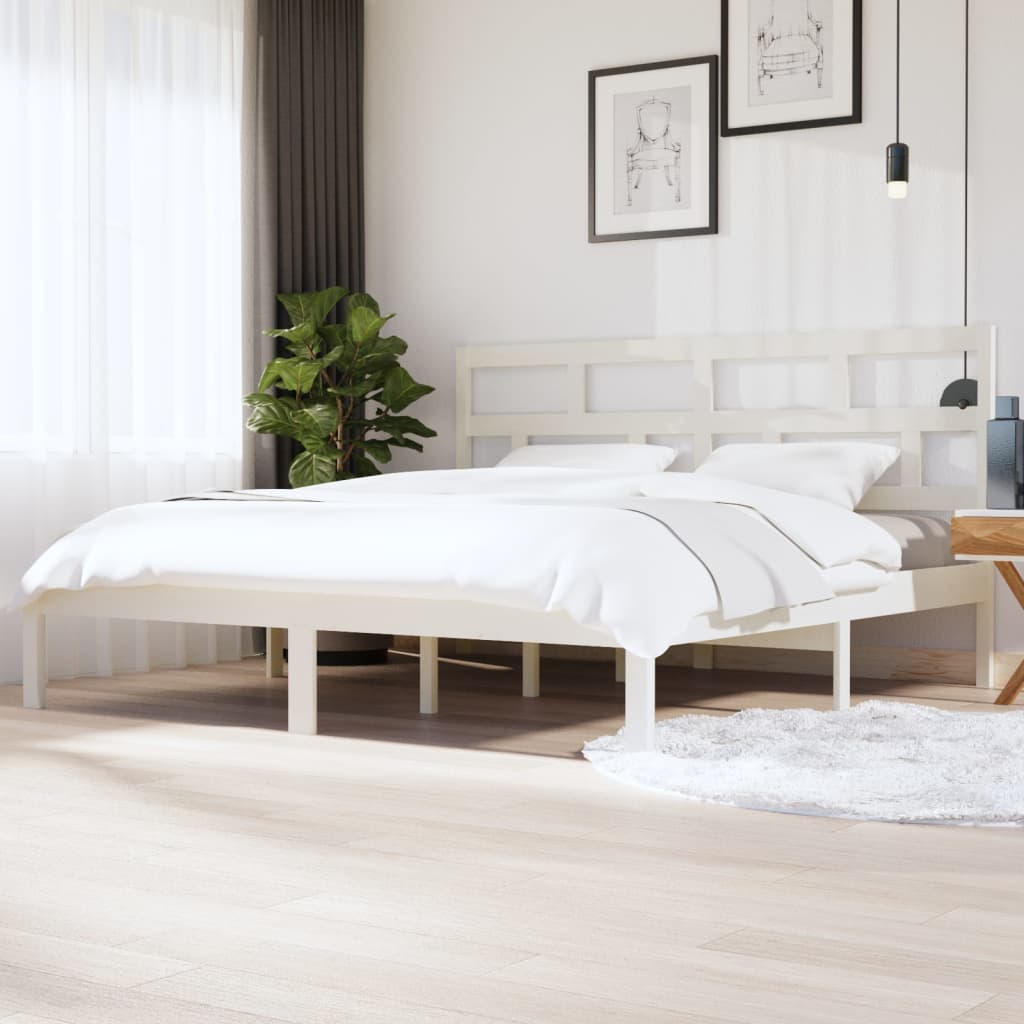 Bed Frame White Solid Wood Pine 200x200 cm - All Things Good