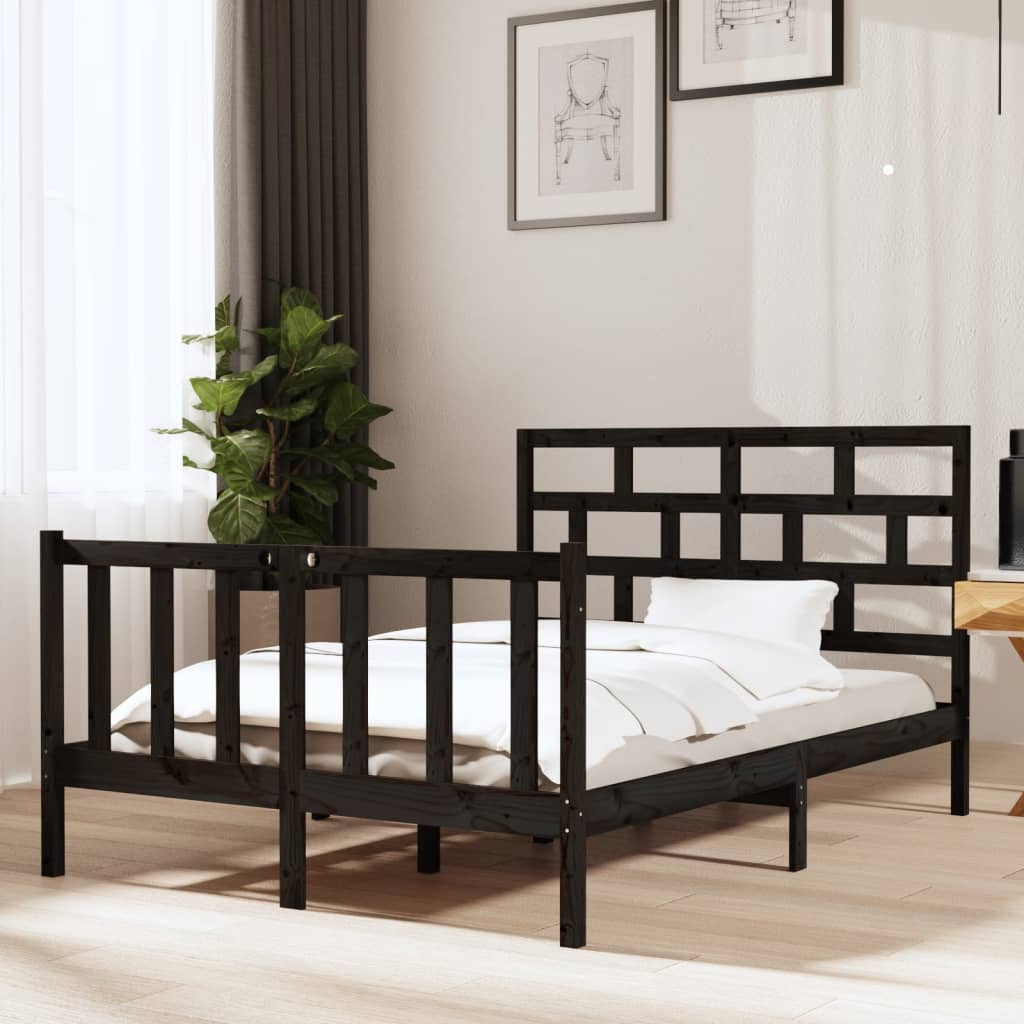 Bed Frame Black Solid Wood Pine 135x190 cm Double - Brittle & Co