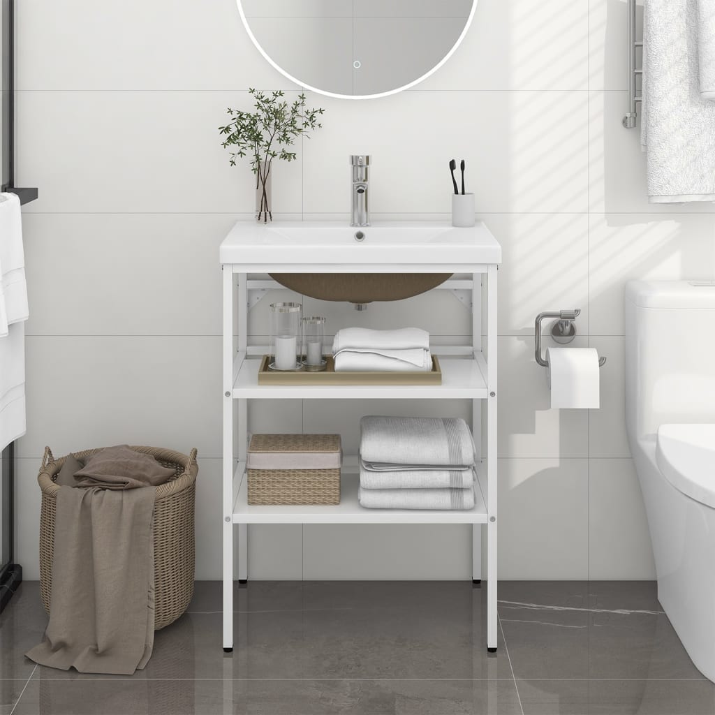 Bathroom Washbasin Frame with Built-in Basin White Iron - Discount Dealers