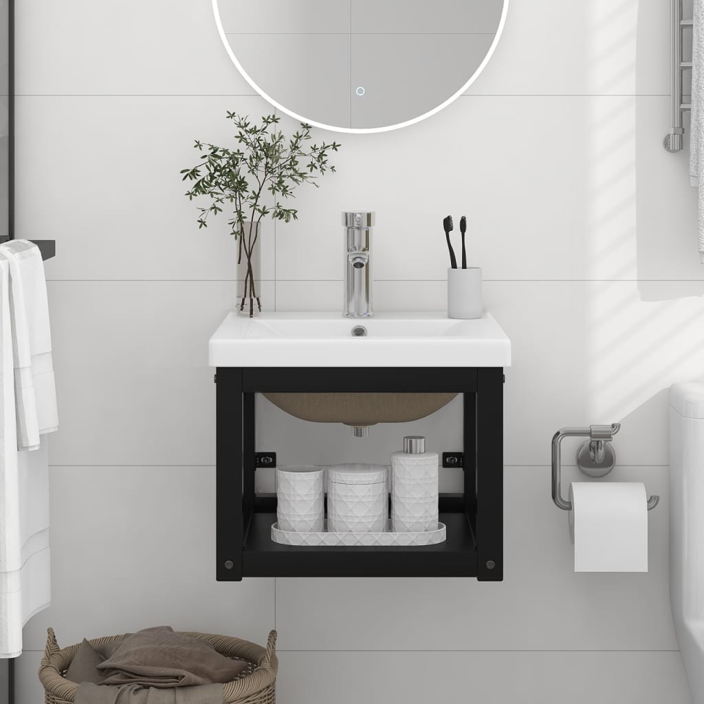 Bathroom Washbasin Frame with Built-in Basin Black Iron - All Things Good