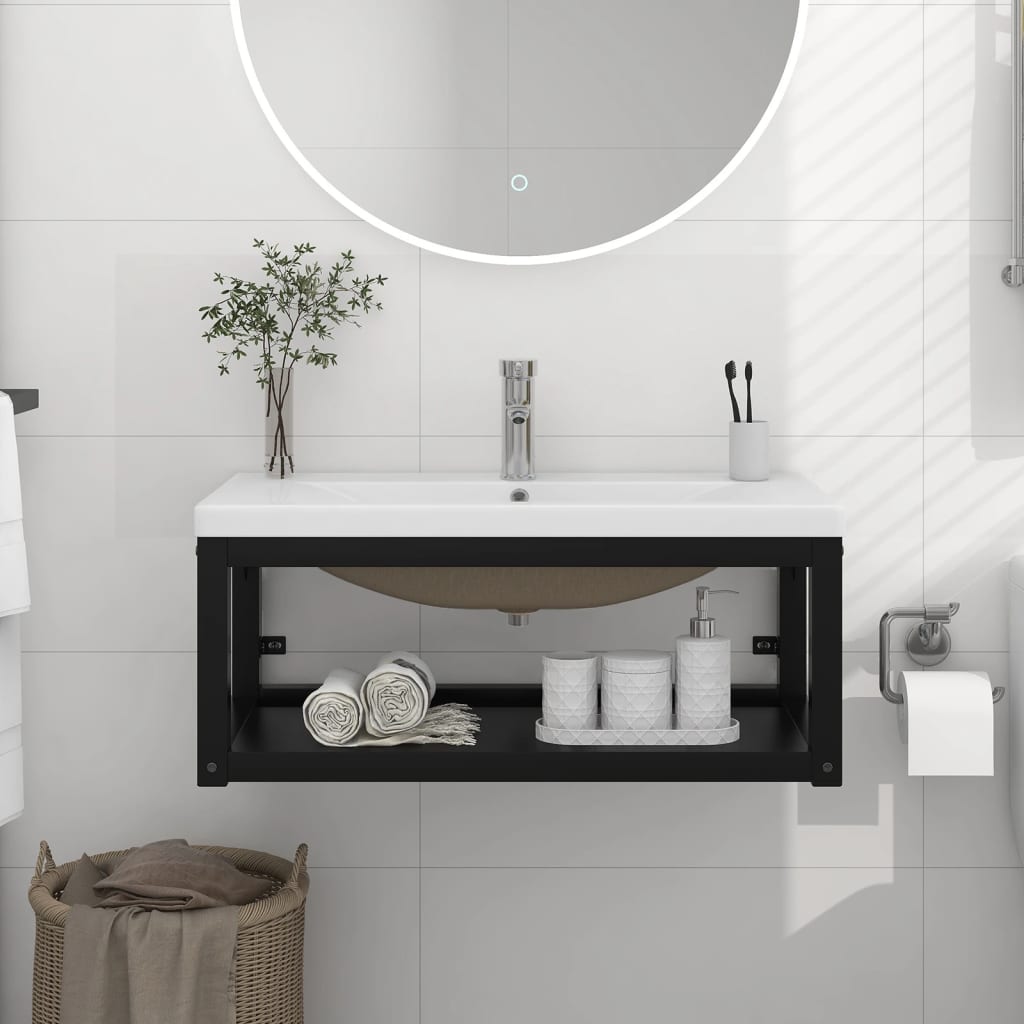Bathroom Washbasin Frame with Built-in Basin Black Iron - The Home Maker
