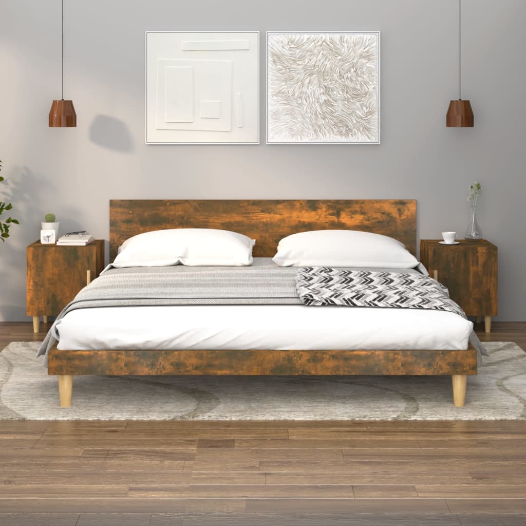 Bedside Table - LEONE Finn 2 Piece Nightstand Smoked Oak 40cm - Unbeatable Bargains