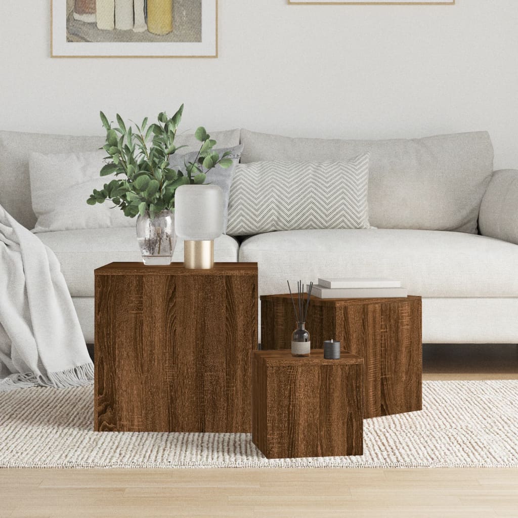 Side Tables 3 pcs Brown Oak Engineered Wood - Merlin Deals